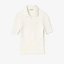 Lacoste Zip Neck Rib Knit Polo Shirt in White