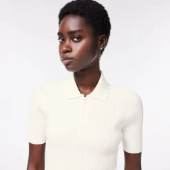 Lacoste Zip Neck Rib Knit Polo Shirt in White