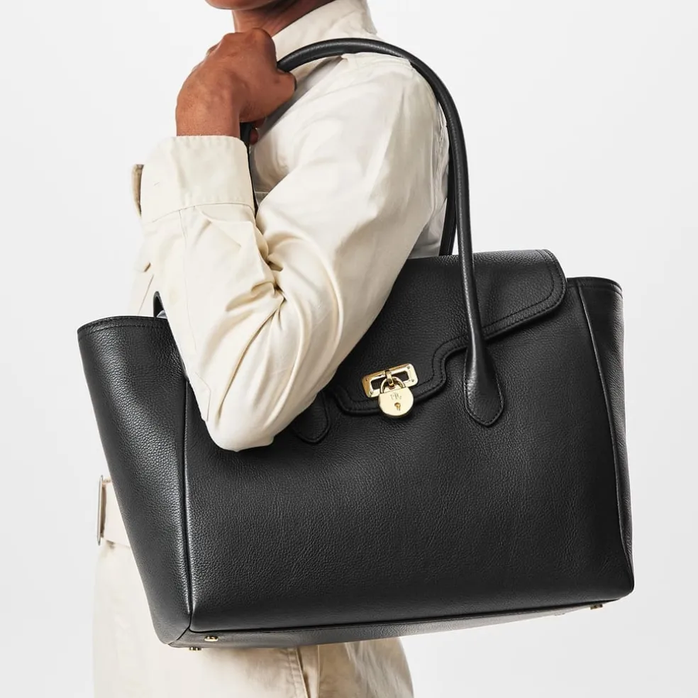 Lauren by Ralph Lauren Pebbled Leather Tanner Satchel in Black