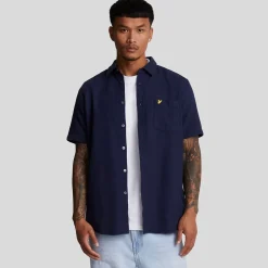 Lyle And Scott Short Sleeve Basket Weave Shirt in Navy