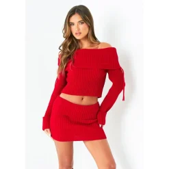 Missy Empire Bardot Fold Down Jumper in Red