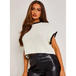Missy Empire Black And White Cropped Knitted Jumper Vest in White