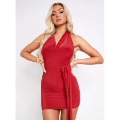 Missy Empire Bum Cowl Neck Slinky Dress With Drape Detail in Red