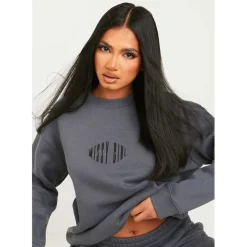Missy Empire Charcoal Missy Girl Embroidered Oversized Sweatshirt in Grey