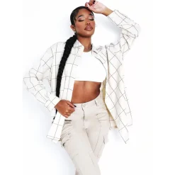 Missy Empire Checked Oversized Shirt in Beige