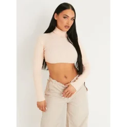 Missy Empire Crop Roll Neck Knitted Jumper in Nude