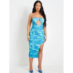Missy Empire Cut Out Slit Mesh Midi Dress in Blue