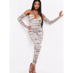 Missy Empire Detail Cross Over Jumpsuit in Beige