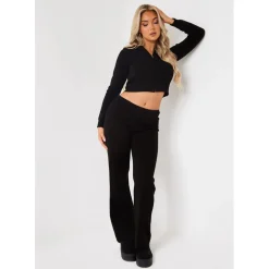 Missy Empire Fold Over Waist Flare Trousers in Black