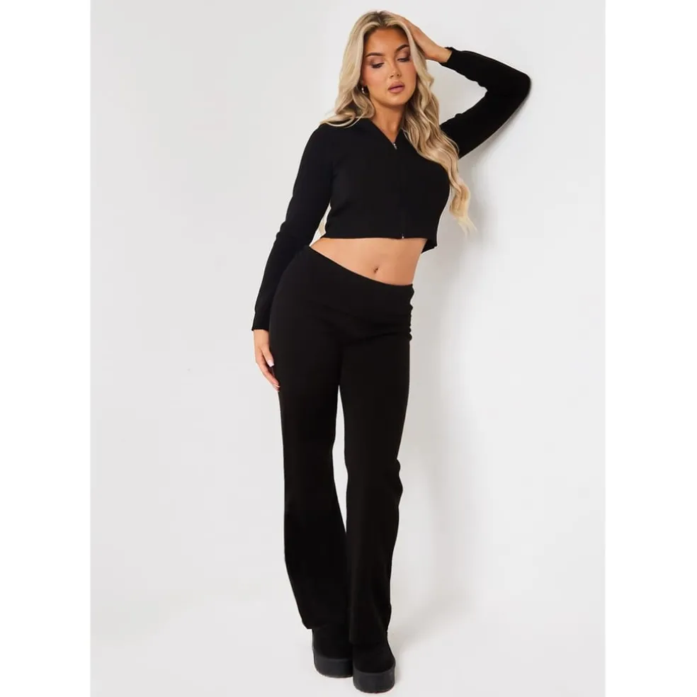 Missy Empire Fold Over Waist Flare Trousers in Black