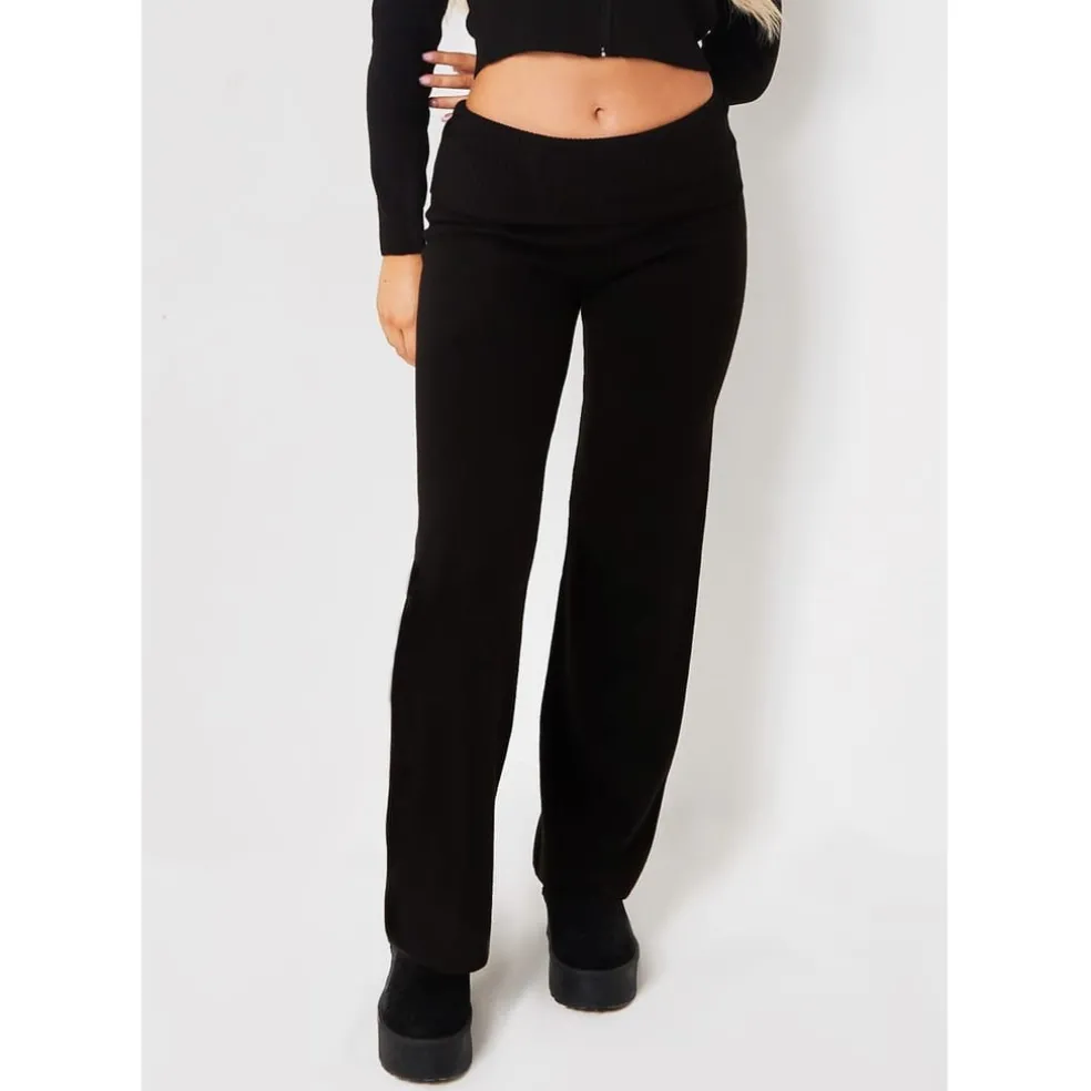Missy Empire Fold Over Waist Flare Trousers in Black