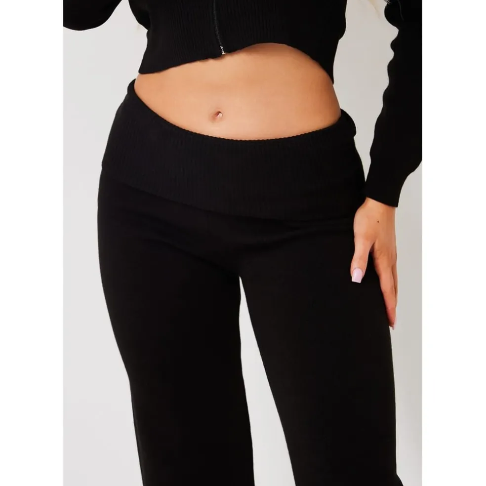 Missy Empire Fold Over Waist Flare Trousers in Black