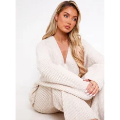 Missy Empire Grey Chunky Knit Cardigan And Trouser Set in Beige