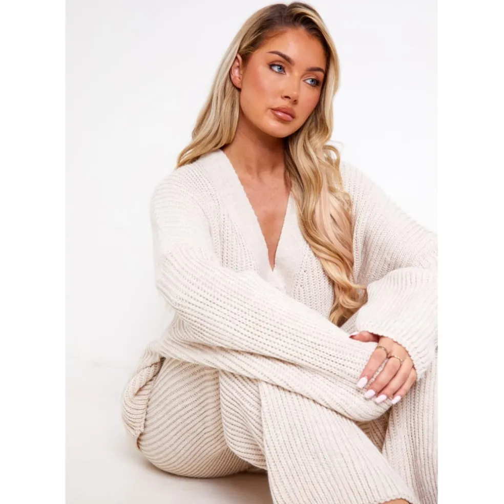 Missy Empire Grey Chunky Knit Cardigan And Trouser Set in Beige