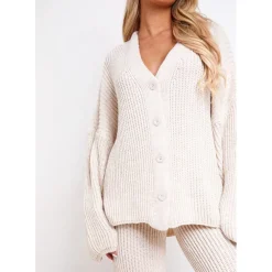 Missy Empire Grey Chunky Knit Cardigan And Trouser Set in Beige