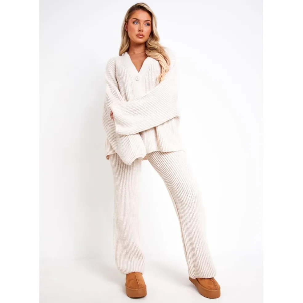 Missy Empire Grey Chunky Knit Cardigan And Trouser Set in Beige