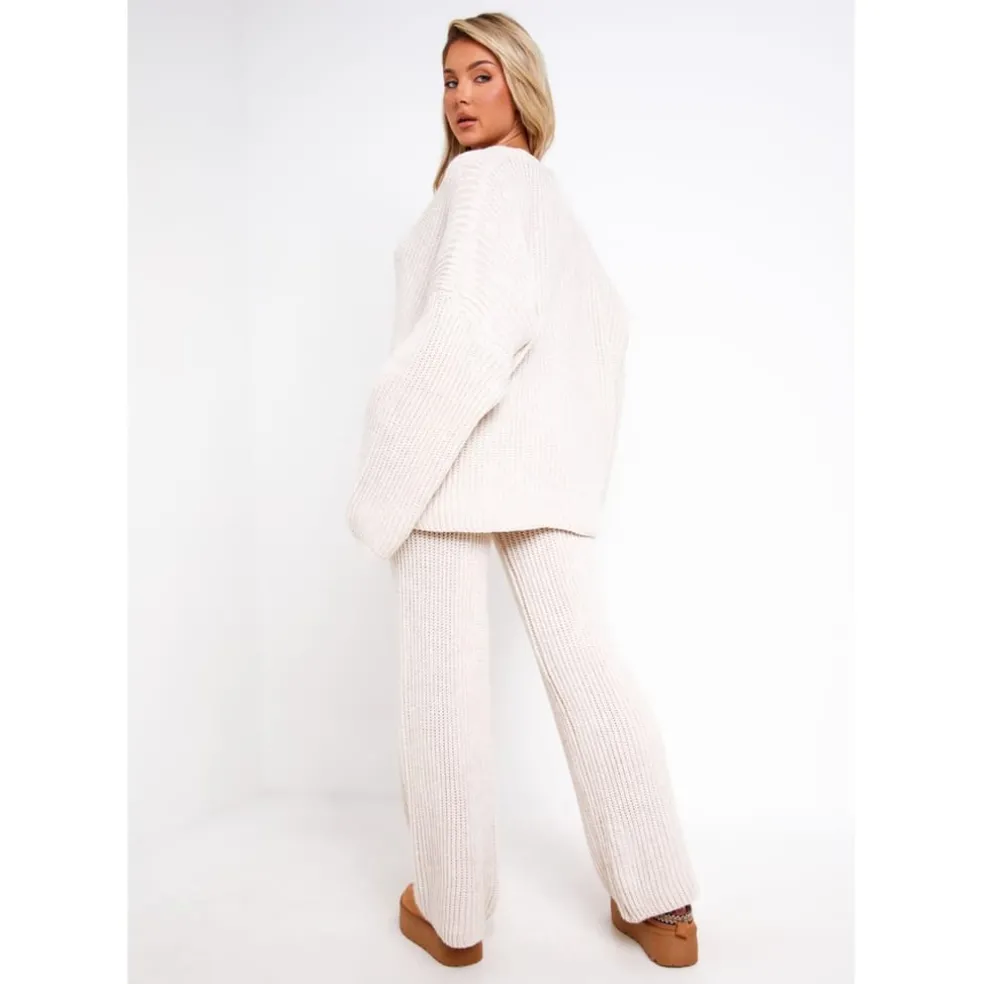 Missy Empire Grey Chunky Knit Cardigan And Trouser Set in Beige