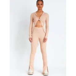 Missy Empire Knitted Tie Cardigan in Beige