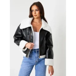 Missy Empire Leather Aviator Jacket With Faux Fur Trim in Black