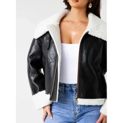 Missy Empire Leather Aviator Jacket With Faux Fur Trim in Black