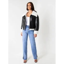 Missy Empire Leather Aviator Jacket With Faux Fur Trim in Black