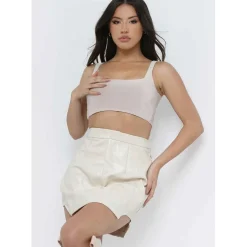Missy Empire Leather Curved Hem Cut Out Mini Skirt in Beige