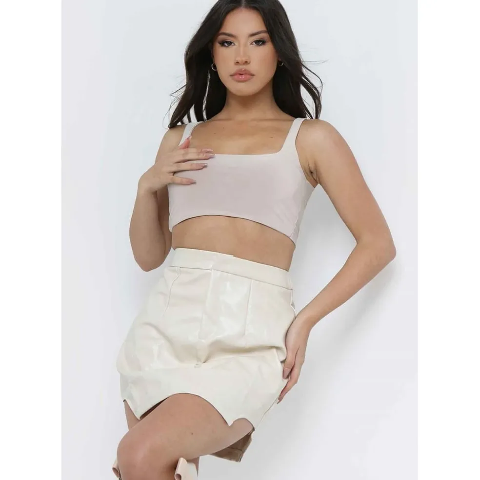 Missy Empire Leather Curved Hem Cut Out Mini Skirt in Beige