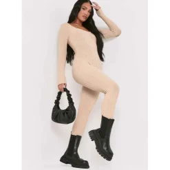 Missy Empire Long Sleeve Ribbed Jumpsuit in Beige