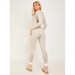Missy Empire Long Sleeve Jumpsuit in Beige