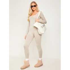 Missy Empire Long Sleeve Jumpsuit in Beige