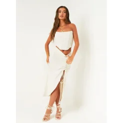 Missy Empire Look Ruched Side Midi Skirt in Beige