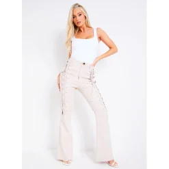 Missy Empire Out Lace Up Flared Trouser in Beige