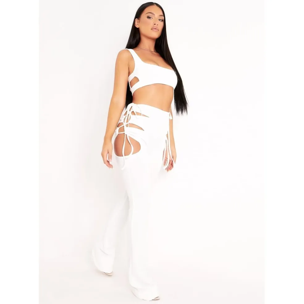 Missy Empire Out Lace Up Flared Trousers in Cream