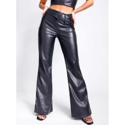 Missy Empire Over Faux Leather Flare Trouser in Black