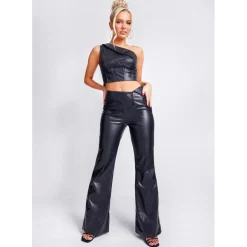 Missy Empire Over Faux Leather Flare Trouser in Black