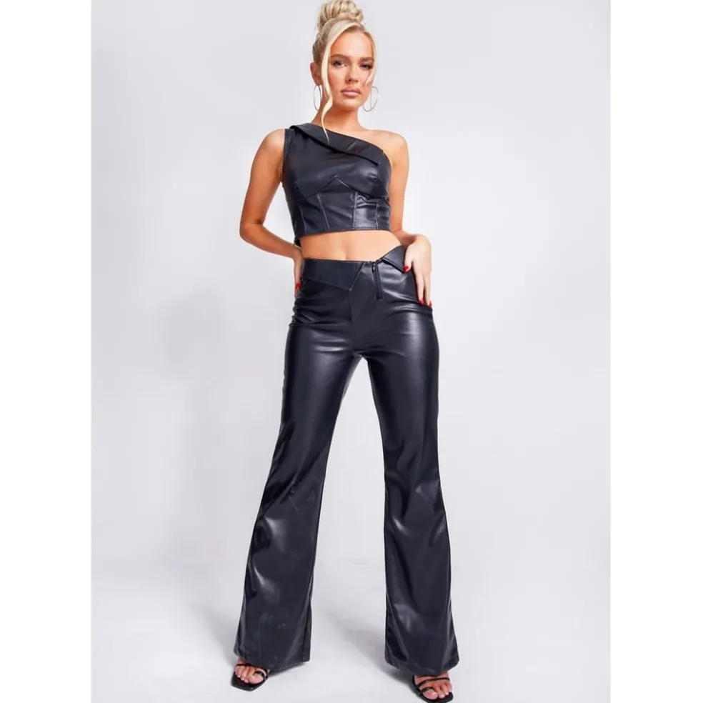 Missy Empire Over Faux Leather Flare Trouser in Black