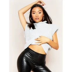 Missy Empire Pad High Neck Knitted Top in Grey