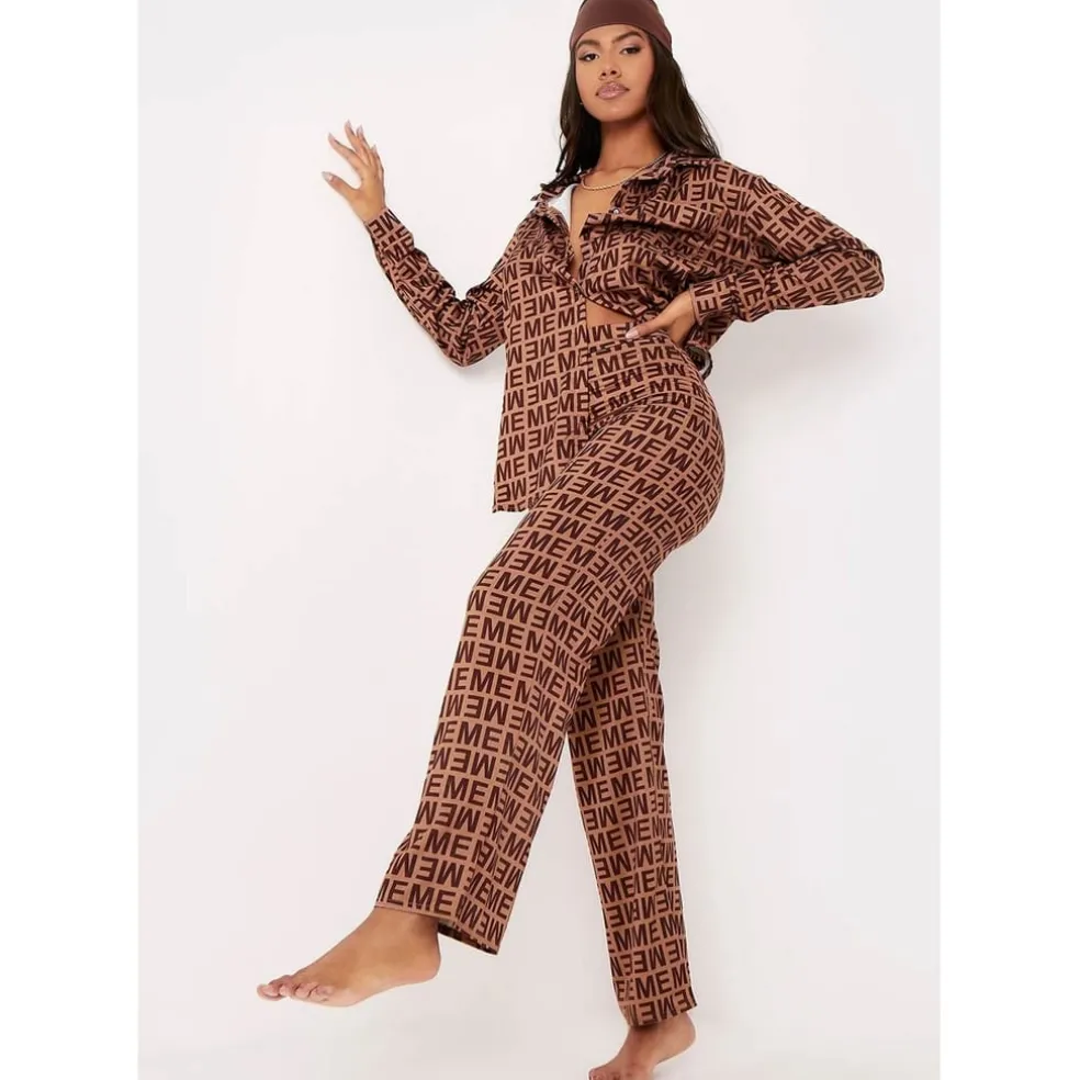 Missy Empire Print Straight Leg Trousers in Brown