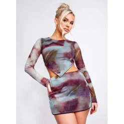 Missy Empire Printed Asymmetric Mesh Top in Brown