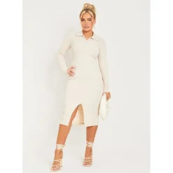 Missy Empire Rib Long Sleeve Collared Midi Dress in Cream