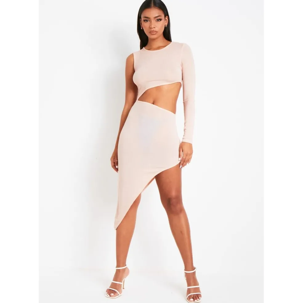 Missy Empire Shoulder Glitter Slinky Cut Out Midi Dress in Pink