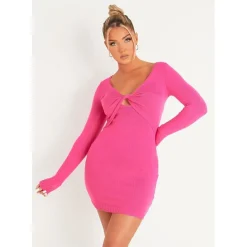 Missy Empire Sleeve Twist Front Knitted Mini Dress in Pink