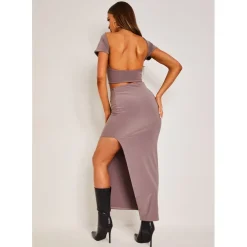 Missy Empire Soft Split Maxi Skirt in Brown