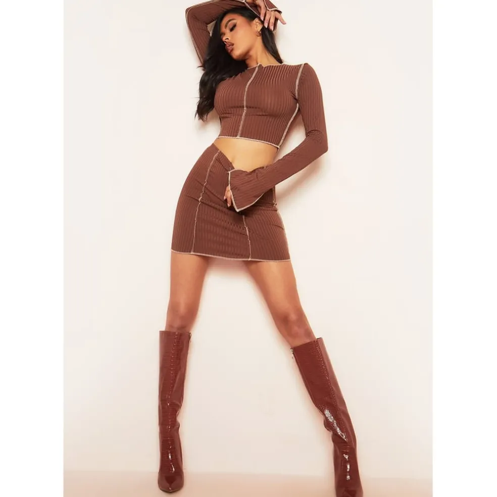 Missy Empire Stitch Ribbed Mini Skirt in Brown