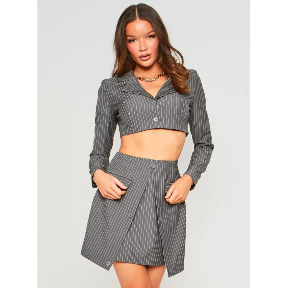 Missy Empire Tailored Button Up Asymmetric Mini Skirt in Grey