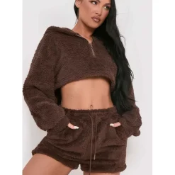Missy Empire Teddy Drawstring Shorts in Brown