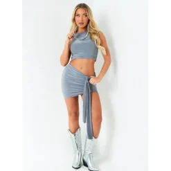 Missy Empire Tie Front Mini Skirt in Grey