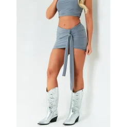 Missy Empire Tie Front Mini Skirt in Grey