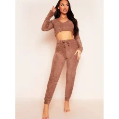 Missy Empire Towelling Joggers in Brown