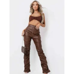 Missy Empire Waisted Ruched Pu Trousers in Brown